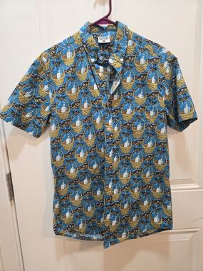 Men's Short-Sleeve Button-Down Shirt - Turquoise Basket Print